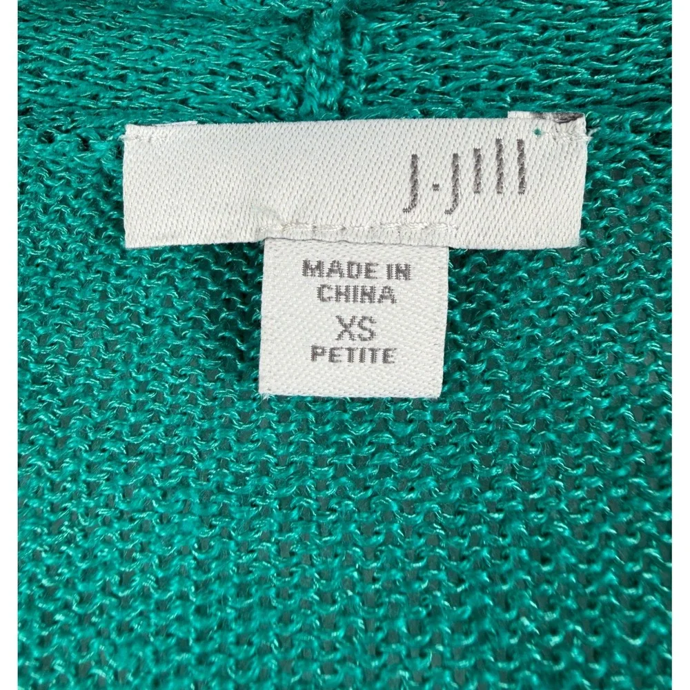J. Jill Teal Green Linen Blend Open Front Cardigan Sweater XS Petite Pockets